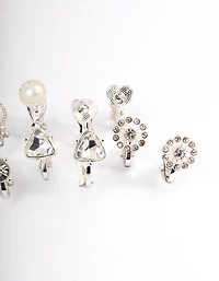 Silver Heart & Flower Clip On Earrings 5-Pack