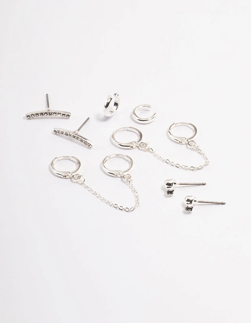 Silver Diamante Huggie Chain Earrings 5-Pack