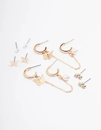Gold Butterfly Pearl Stacker Earrings 5-Pack