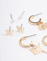 Gold Butterfly Pearl Stacker Earrings 5-Pack