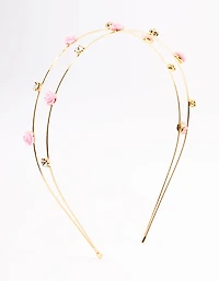 Kids Gold Diamante Flower Double Row Headband