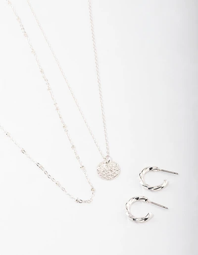 Silver Layered Textured Disc Necklace & Earrings Set