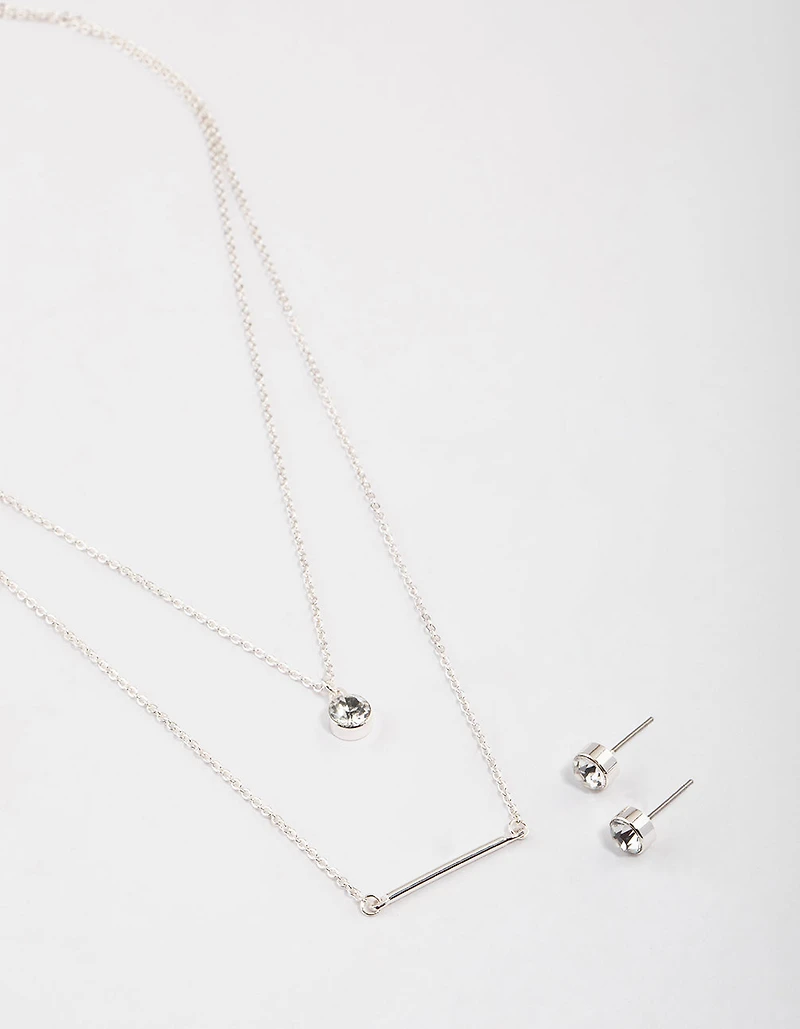 Silver Layered Stone Bar Necklace & Earrings Set