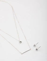 Silver Layered Stone Bar Necklace & Earrings Set