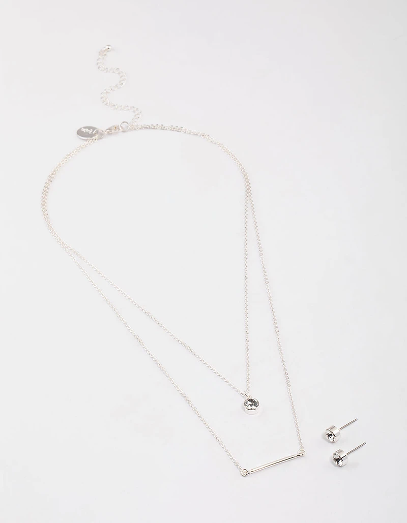 Silver Layered Stone Bar Necklace & Earrings Set