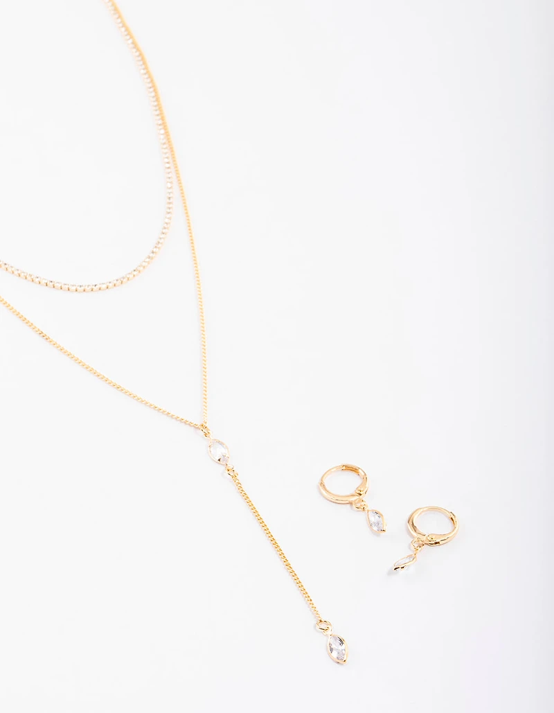 Gold Layered Y-Neck Necklace & Earrings Jewellery Set