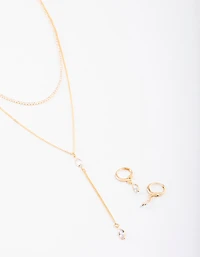 Gold Layered Y-Neck Necklace & Earrings Jewellery Set