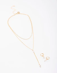 Gold Layered Y-Neck Necklace & Earrings Jewellery Set