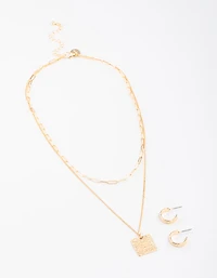 Gold Layered Textured Square Necklace & Earrings Set