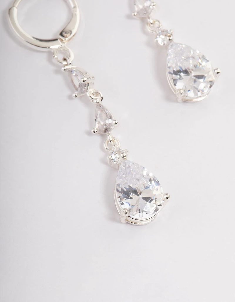 Silver Triple Huggie Drop Earrings
