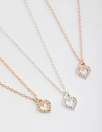 Mixed Metal Diamante Open Heart Necklace Pack