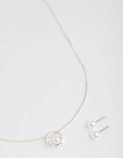 Silver Pearl Open Circle Jewellery Set