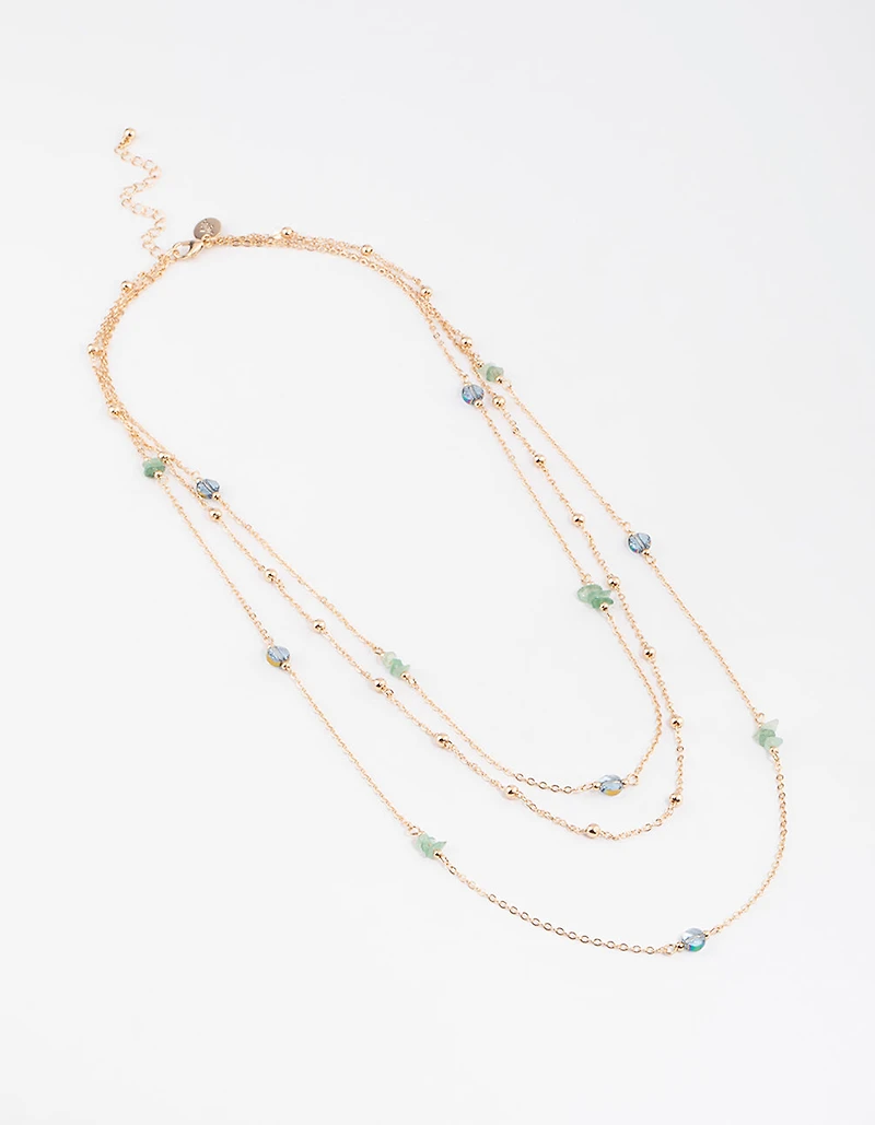 Gold Triple Row Mixed Ball Chain Stone Necklace