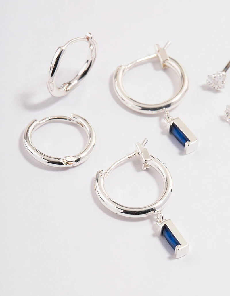 Silver Plated Brass  Cubic Zirconia Sapphire Cut Huggie Earrings 6-Pack