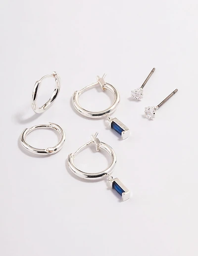 Silver Plated Brass  Cubic Zirconia Sapphire Cut Huggie Earrings 6-Pack