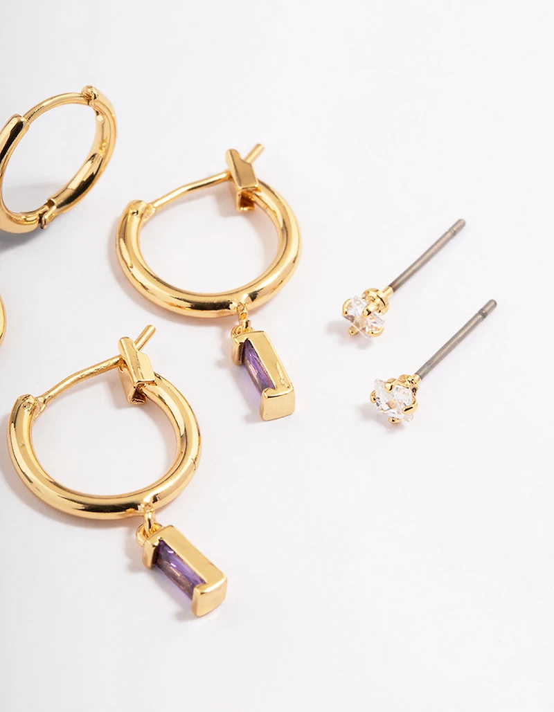Gold Plated Brass Cubic Zirconia Amethyst Cut Huggie Earrings 6-Pack