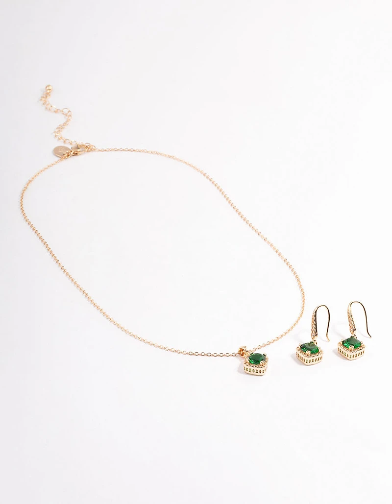 Cubic Zirconia Gold Square Cushion Earrings & Necklace
