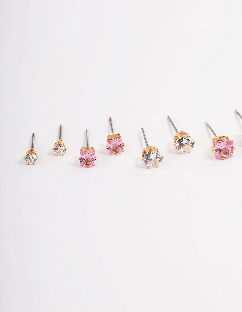 Gold Circle Square Stud Earrings 6-Pack