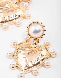 Gold Hammered Heart Pearl Earrings