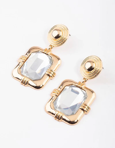 Gold Framed Square Crystal Drop Earrings