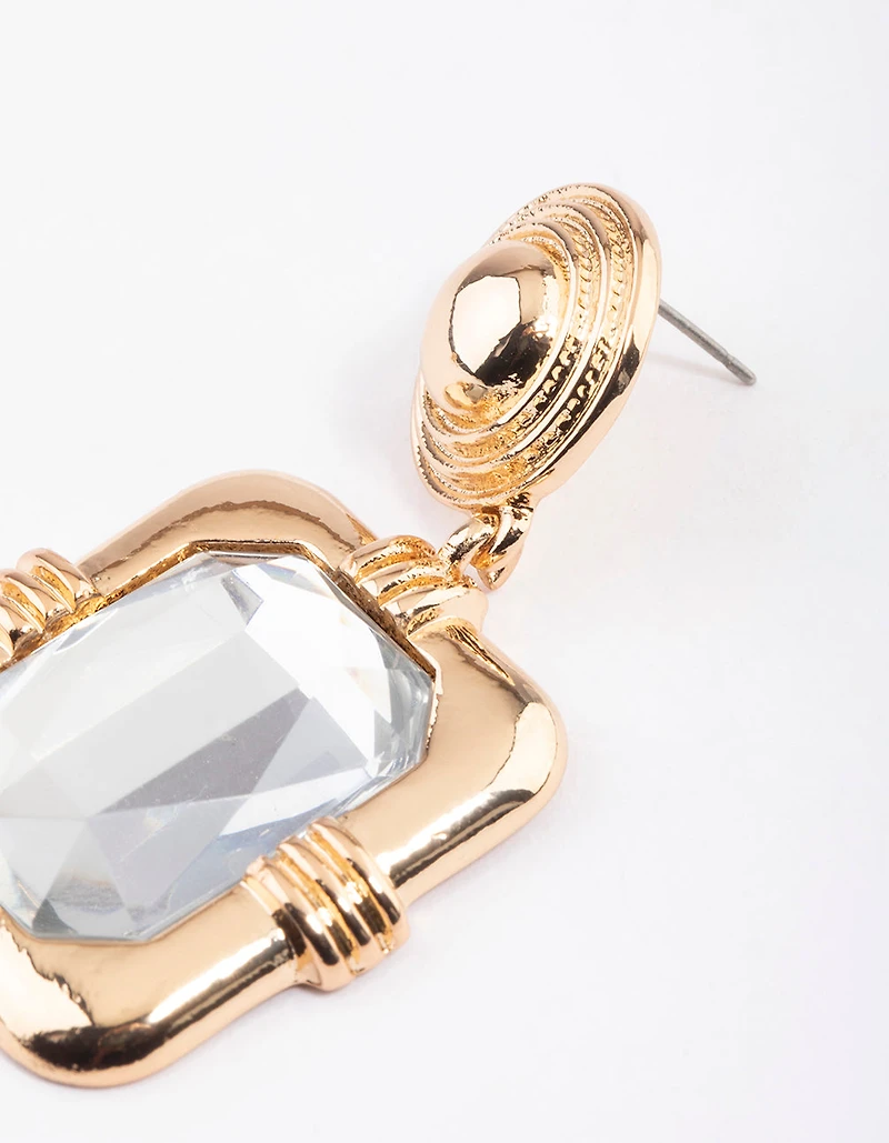 Gold Framed Square Crystal Drop Earrings