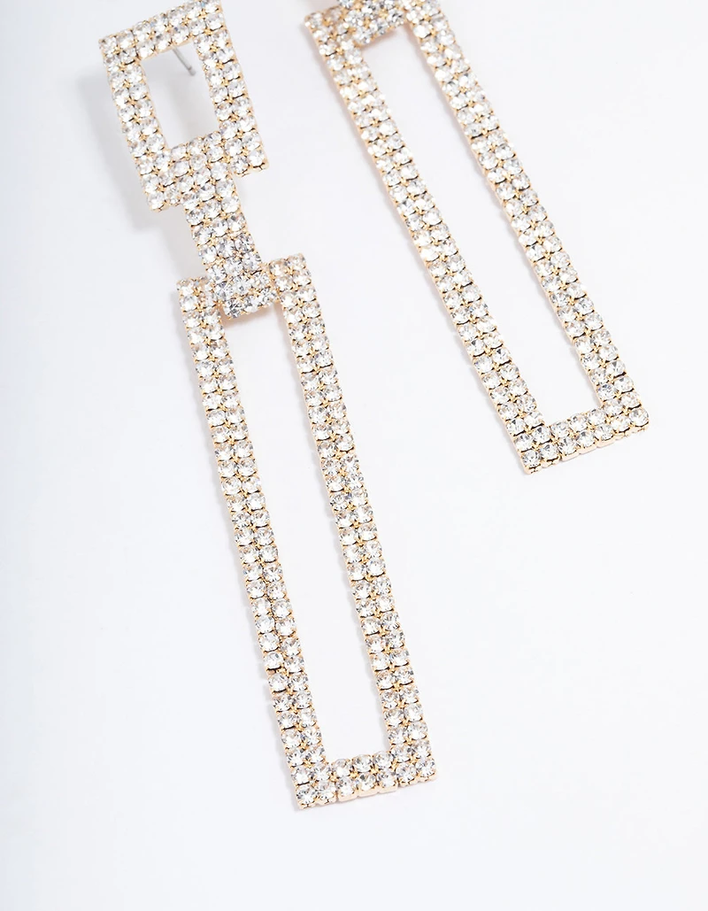Gold Diamante Rectangle Drop Earrings