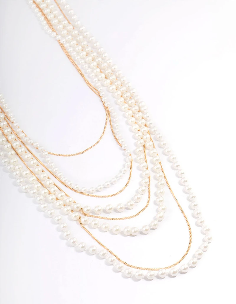 Gold Pearl Long Layered Necklace
