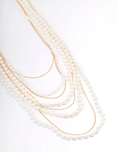 Gold Pearl Long Layered Necklace
