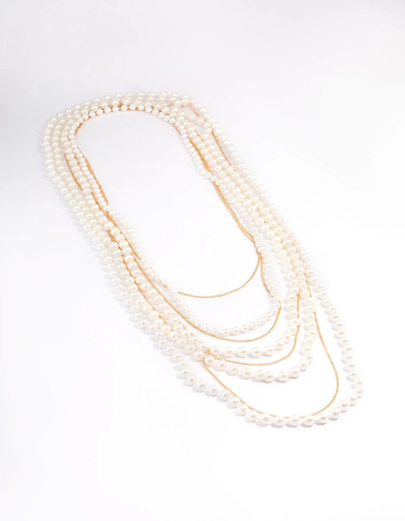 Gold Pearl Long Layered Necklace