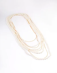 Gold Pearl Long Layered Necklace
