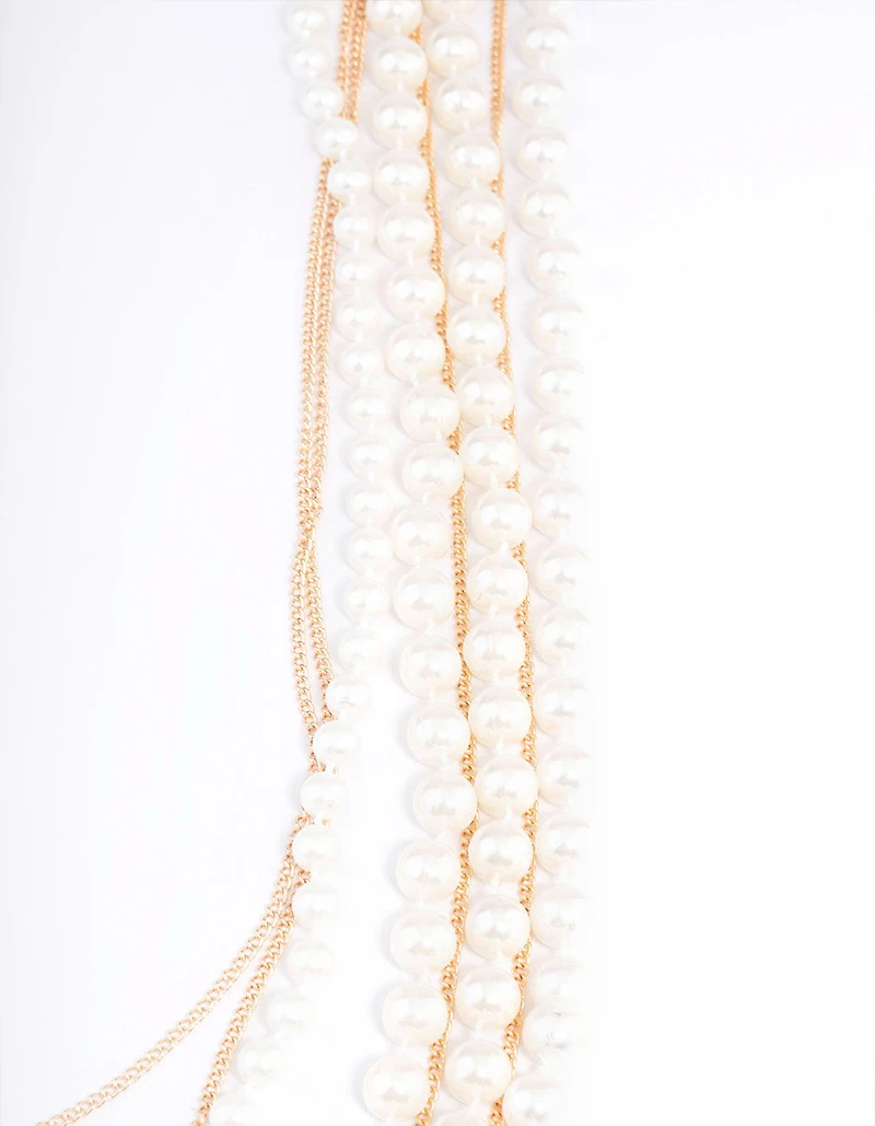 Gold Pearl Long Layered Necklace