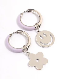 Rhodium Purple Flower Small Hoop Earrings