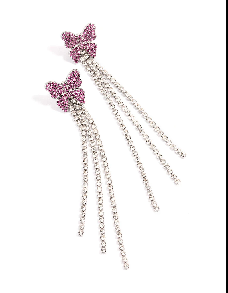 Rhodium Pink Butterfly Curb Chain Earrings