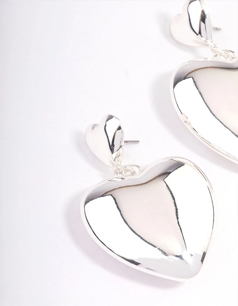 Silver Puffy Heart Statement Earrings