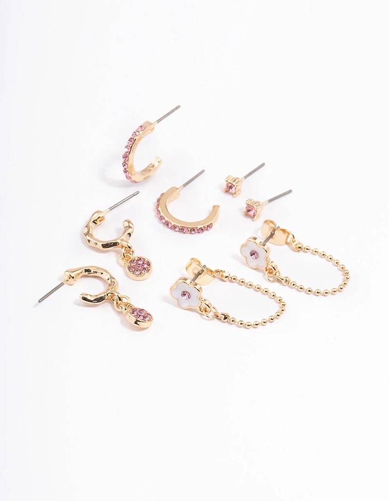 Pink Flower Chain Stacker Earrings