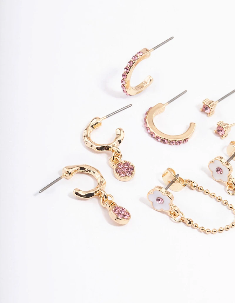 Pink Flower Chain Stacker Earrings