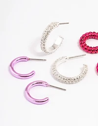 Silver & Pink Diamante Stacker Earrings