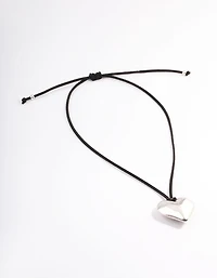Silver Puffy Heart Black Suede Adjustable Cord Necklace