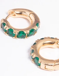 Gold Green Stone Thick Huggie Earrings