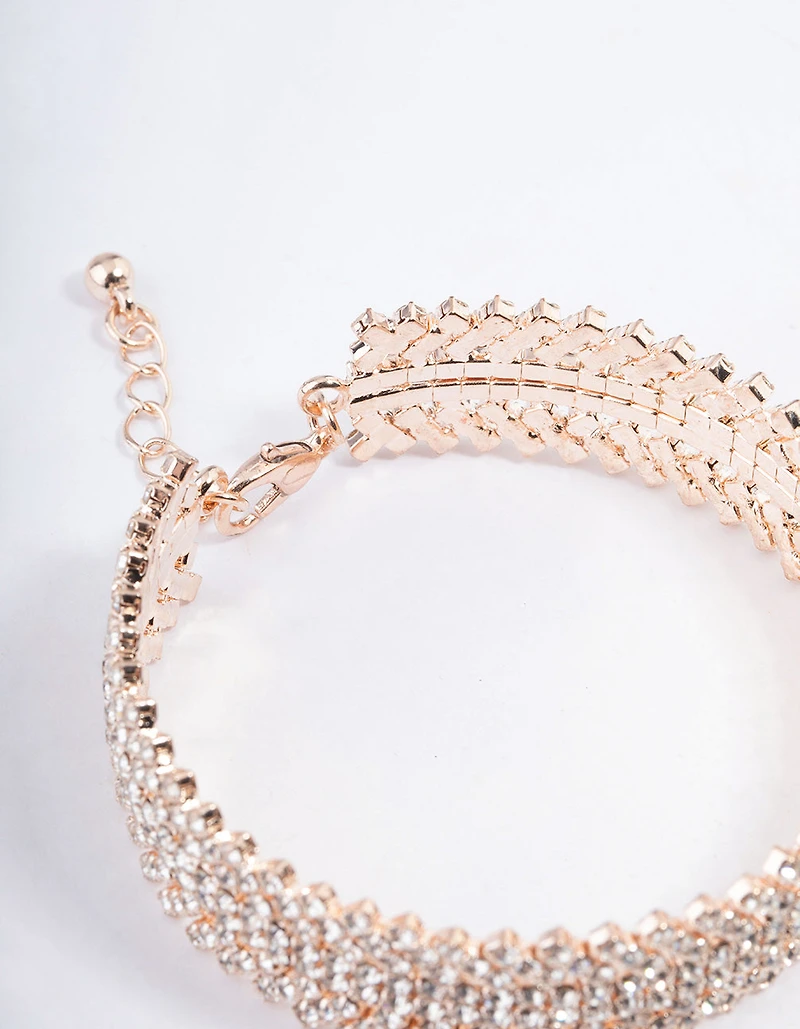 Rose Gold Spiky Four Row Diamante Bangle Cuff