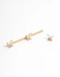 Gold Plated Surgical Steel Triple Butterfly Industrial Bar