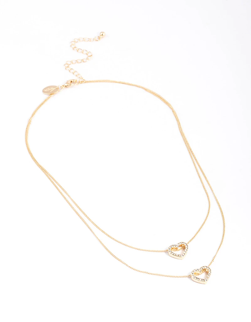 Gold Double Diamante Open Heart Necklace