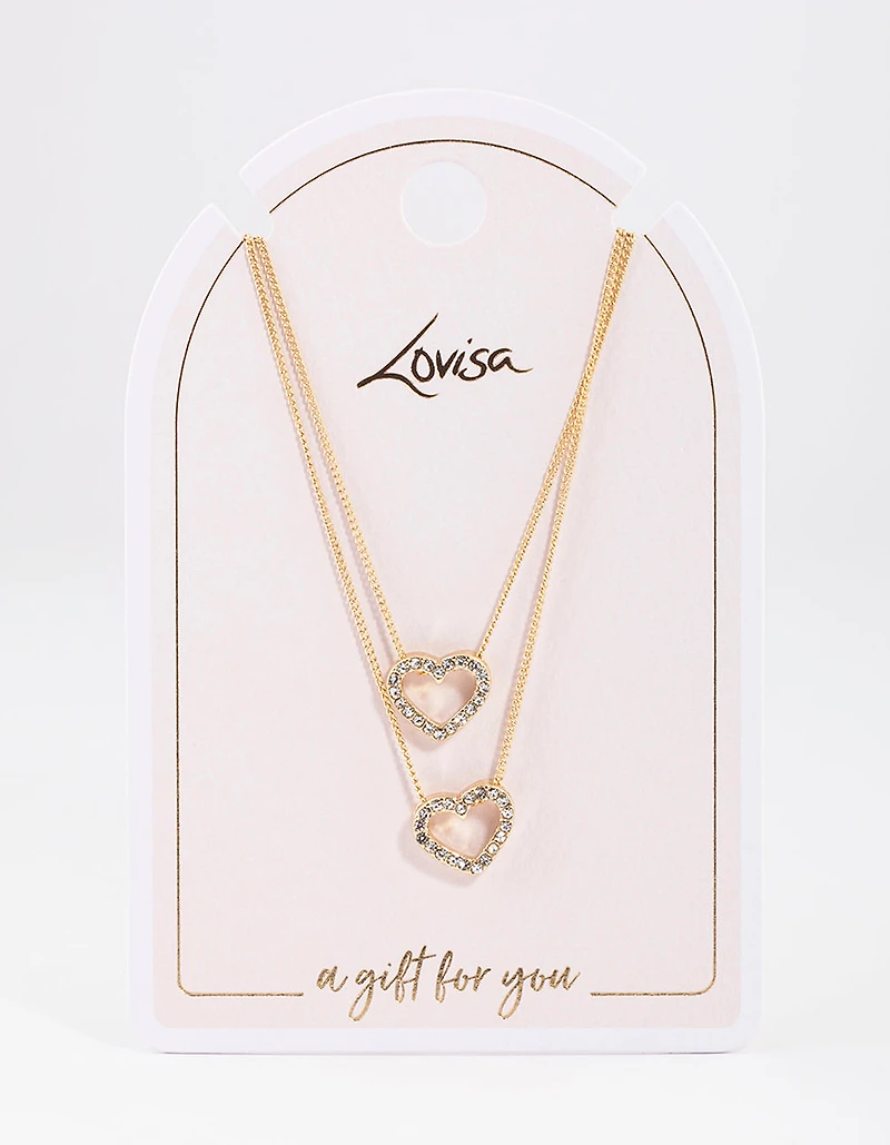 Gold Double Diamante Open Heart Necklace