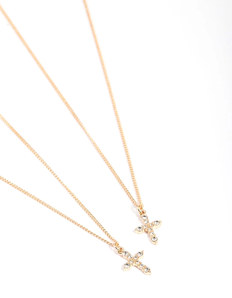 Gold Classic Diamante Cross Necklace Pack