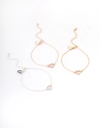 Mixed Metal Diamante Open Heart Bracelet Pack