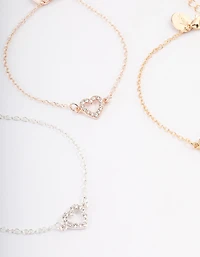 Mixed Metal Diamante Open Heart Bracelet Pack