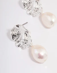 Silver Plated Crater Freshwater Pearl Drop Earrings