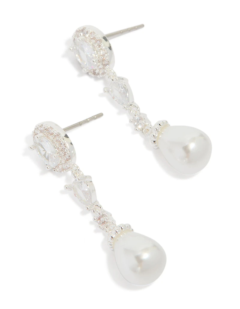 Silver Plated Cubic Zirconia Halo Pearl Drop Earrings