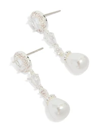 Silver Plated Cubic Zirconia Halo Pearl Drop Earrings