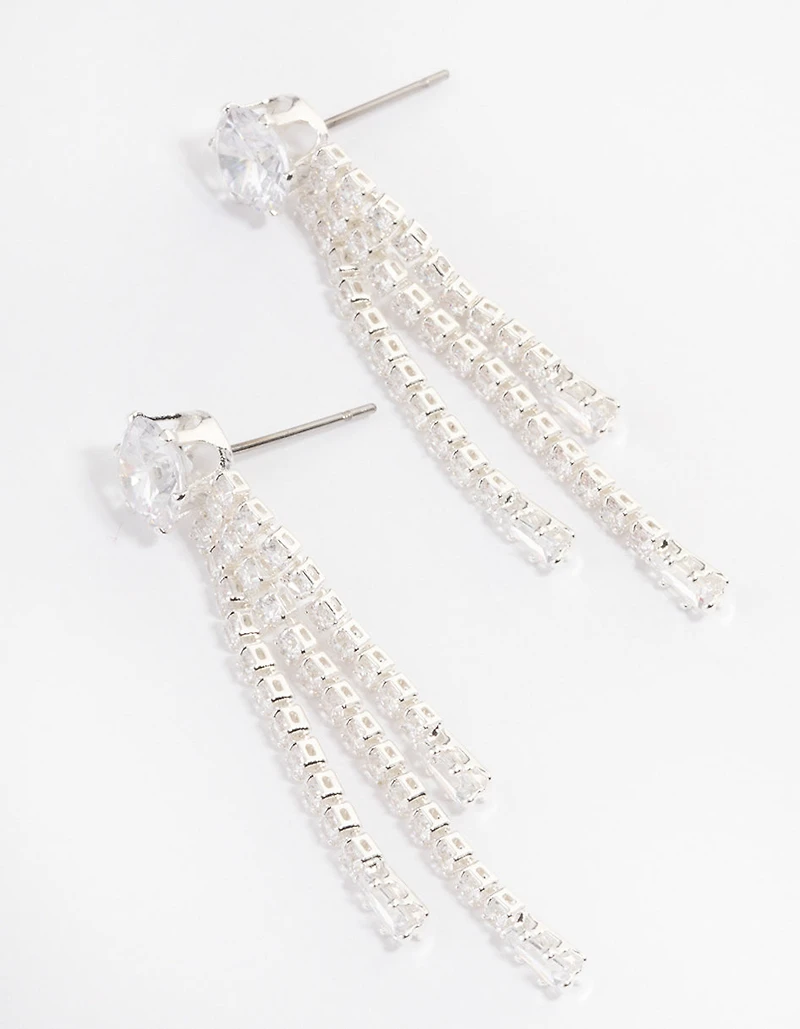 Silver Plated Round Cubic Zirconia Cupchain Drop Earrings